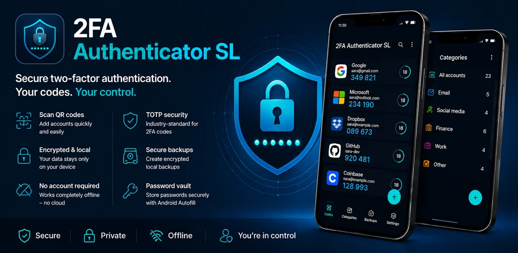 2FA Authenticator SL with two-factor authentication, local encrypted storage and secure backups