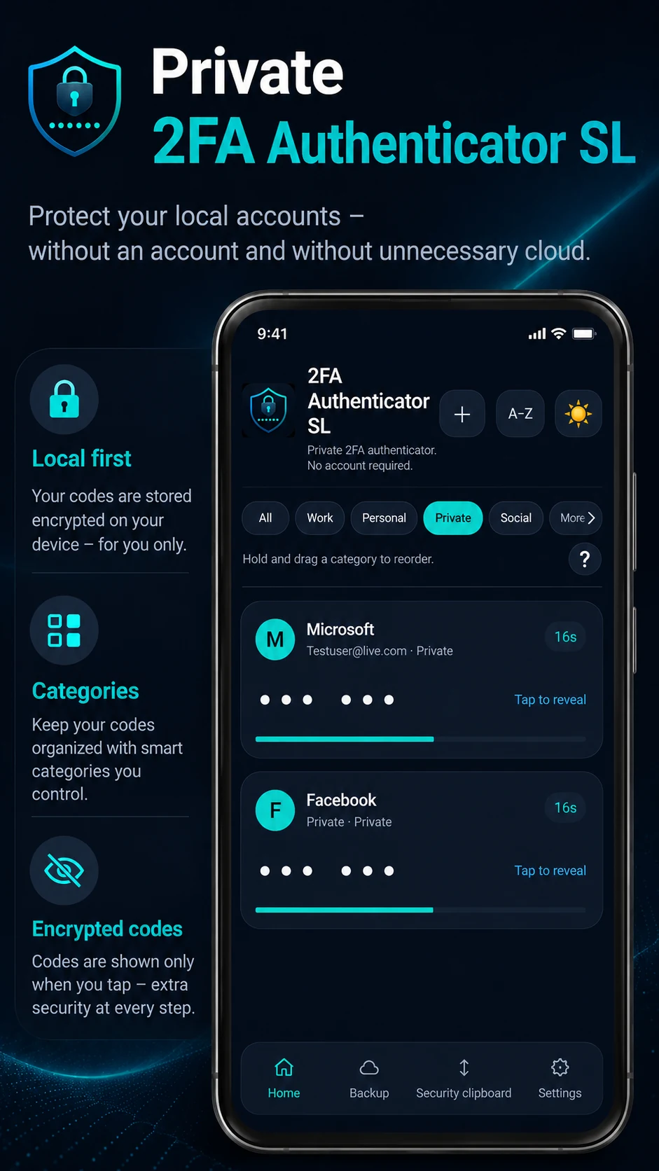 2FA Authenticator SL home screen with private TOTP codes and categories