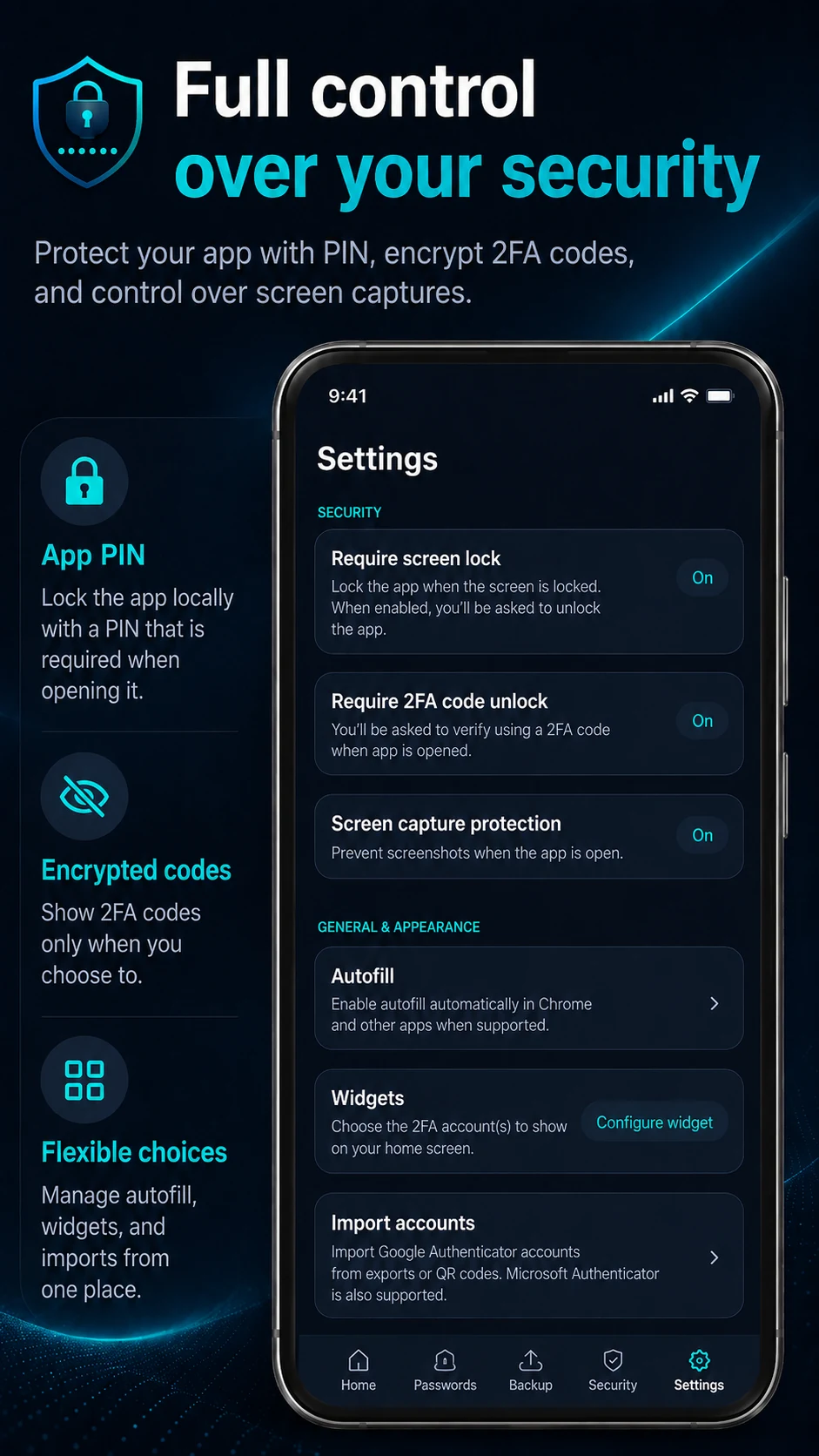 Security settings in 2FA Authenticator SL