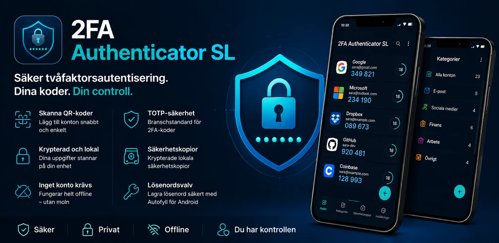 2FA Authenticator SL med funktioner för 2FA, krypterad lokal lagring och säkerhetskopior