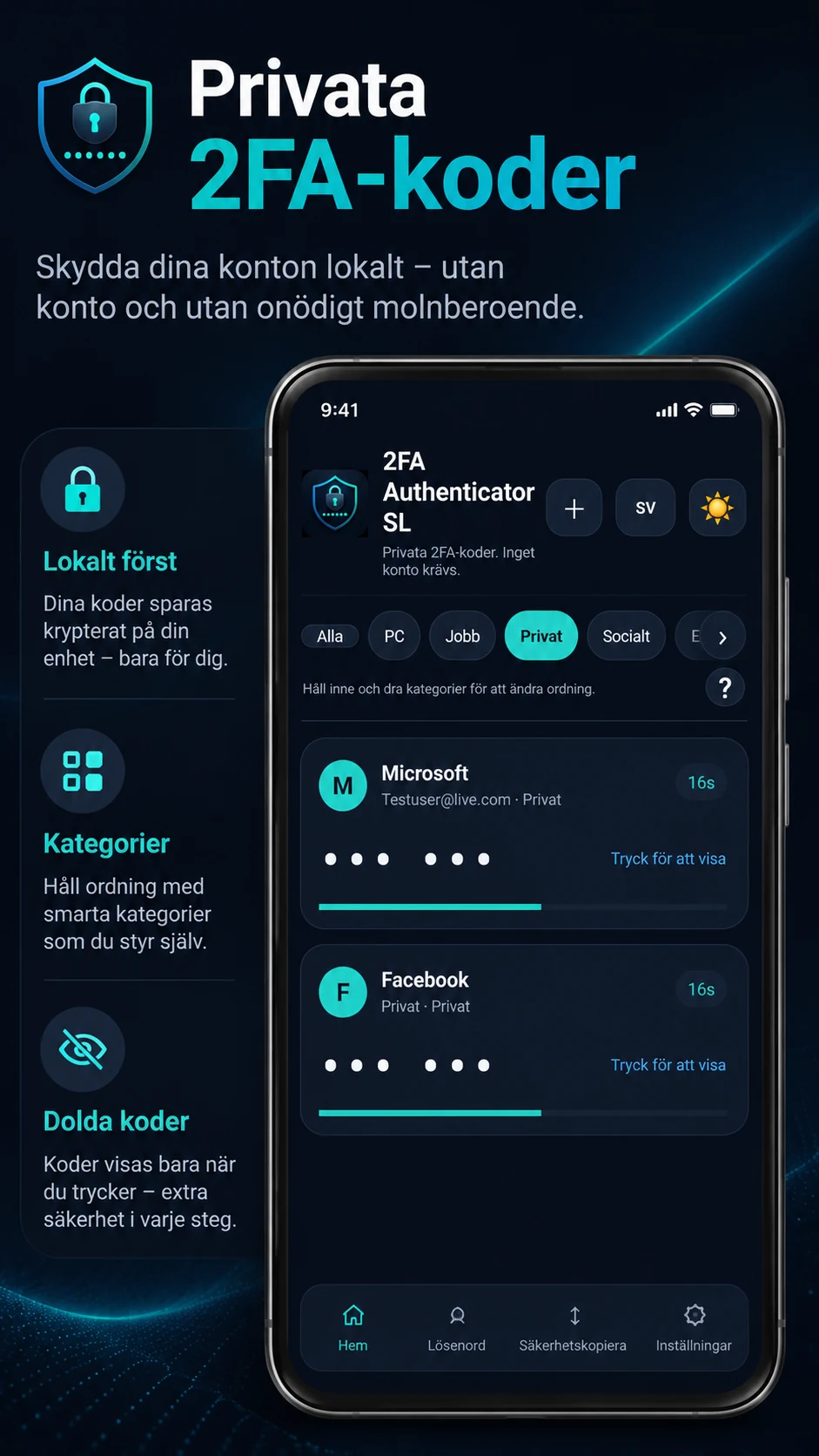 Startsidan i 2FA Authenticator SL med privata TOTP-koder och kategorier