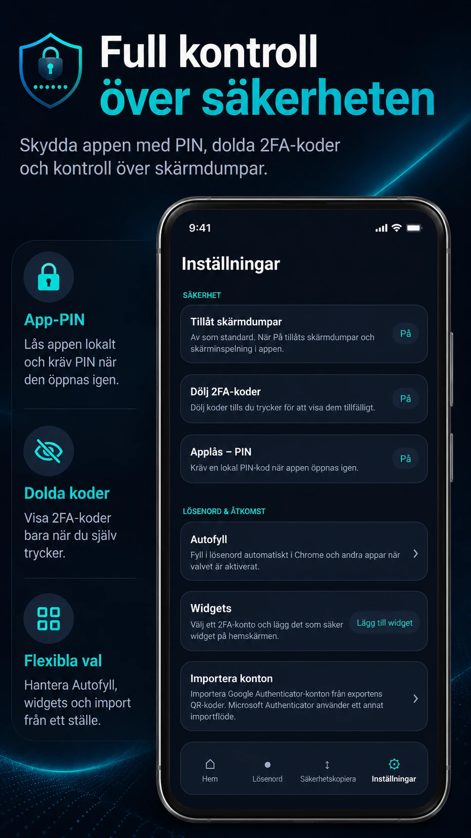 Säkerhetsinställningar i 2FA Authenticator SL